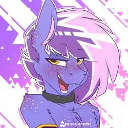 Size: 1280x1280 | Tagged: safe, artist:whisperfoot, derpibooru import, oc, oc:berry frost, anthro, earth pony, angular, arm warmers, blushing, cheek fluff, chest fluff, chest freckles, clothes, collar, ear blush, ear fluff, ear freckles, eyeshadow, fangs, freckles, lidded eyes, looking at you, makeup, male, open mouth, sharp teeth, shoulder fluff, shoulder freckles, simple background, smiling, solo, stylized, teeth, triangle