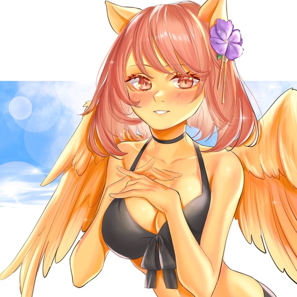 Size: 2048x2048 | Tagged: anthro, artist:ringeko, bikini, blower, clothes, derpibooru import, female, looking at you, oc, oc:firetale, pegasus, safe, solo, swimsuit, unofficial characters only, wings