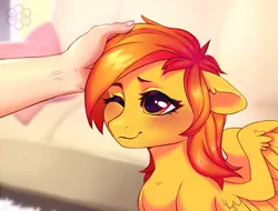 Size: 2117x1609 | Tagged: safe, artist:honey_pony, derpibooru import, oc, oc:firetale, unofficial characters only, human, pegasus, pony, caress, cute, female, floppy ears, hand, mare, one eye closed, smiling, solo, wings