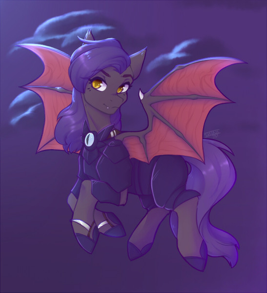 Size: 748x821 | Tagged: safe, artist:shini951, derpibooru import, oc, oc:dawn sentry, unofficial characters only, bat pony, pony, armor, bat wings, female, flying, solo, wings