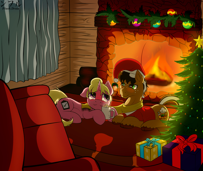 Size: 3067x2586 | Tagged: safe, artist:flash_draw, derpibooru import, oc, oc:short fry, oc:whip up, unofficial characters only, earth pony, pony, unicorn, blushing, chocolate, christmas, christmas lights, christmas star, christmas tree, christmas wreath, clothes, commission, complex background, couch, detailed, duo, female, fire, fireplace, food, holiday, holly, holly mistaken for mistletoe, hot chocolate, house, lidded eyes, looking at each other, male, marshmallow, present, roasted, scarf, shipping, tree, whort, wreath