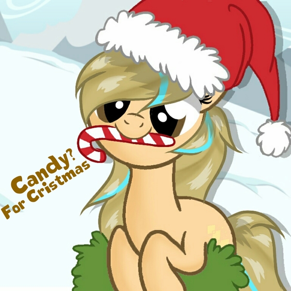 Size: 1280x1280 | Tagged: safe, artist:grithcourage, derpibooru import, oc, oc:grith courage, earth pony, pony, backround, candy, cristmas, cute, food, simple shading, solo, text, to saddlebags and back again