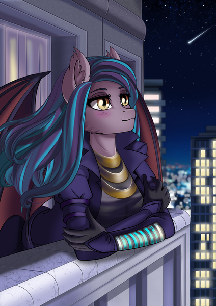 Size: 2480x3508 | Tagged: safe, alternate version, artist:lifejoyart, derpibooru import, oc, oc:dawn sentry, unofficial characters only, anthro, bat pony, anthro oc, bat pony oc, bat wings, blushing, city, clothes, commission, cyberpunk, digital art, dress, dyed hair, ear fluff, female, looking up, mare, night, night sky, shooting star, sky, smiling, solo, stars, trenchcoat, wings