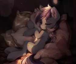 Size: 2000x1668 | Tagged: safe, artist:inowiseei, derpibooru import, minuette, pony, unicorn, cute, eyes closed, female, hug, mare, minubetes, pillow, pillow hug, sleeping, solo