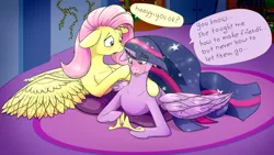 Size: 2560x1440 | Tagged: safe, artist:fuzzypones, derpibooru import, fluttershy, princess twilight 2.0, twilight sparkle, twilight sparkle (alicorn), alicorn, pegasus, pony, the last problem, blushing, colored, comforting, crying, duo, female, implied princess celestia, jewelry, lying down, older, older twilight, prone, sad, speech bubble, text, tiara, touching face, ultimate twilight