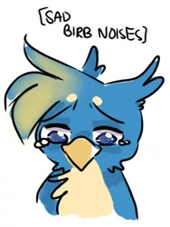 Size: 810x1076 | Tagged: source needed, safe, artist:zigragirl, derpibooru import, gallus, gryphon, birb, colored pupils, crying, cute, descriptive noise, gallabetes, looking down, sad, simple background, solo, teary eyes, text, traditional art, unhappy, white background