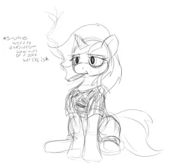 Size: 2044x1916 | Tagged: safe, artist:mcsplosion, derpibooru import, oc, oc:painterly flair, pony, bags under eyes, clothes, depressed, drugs, female, marijuana, pink floyd, sitting, sketch, smoking, solo, stoner, teary eyes, the dark side of the moon