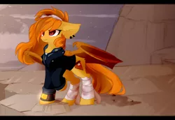 Size: 1665x1143 | Tagged: safe, artist:little-sketches, derpibooru import, oc, oc:pumpkin spice, bat pony, pony, fallout equestria, bandage, blood, clothes, coat, ear fluff, ear piercing, eye clipping through hair, female, headband, piercing