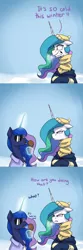 Size: 1200x3600 | Tagged: safe, artist:anticular, derpibooru import, princess celestia, princess luna, alicorn, pony, ask sunshine and moonbeams, annoyed, clothes, cold, comic, dialogue, duo, female, floppy ears, food, freezing, glowing horn, hat, horn, ice cream, levitation, magic, magic aura, mare, royal sisters, scarf, shivering, sunglasses, telekinesis