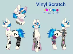 Size: 2732x2048 | Tagged: safe, artist:blacksky1113, derpibooru import, vinyl scratch, pony, unicorn, icey-verse, alternate hairstyle, blue background, commission, ear piercing, earring, eyebrow piercing, female, horn, horn ring, implied lesbian, implied octavia, implied scratchtavia, implied shipping, jewelry, mare, piercing, reference sheet, ring, simple background, solo, tattoo, wedding ring