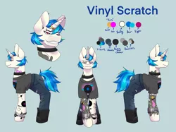 Size: 2732x2048 | Tagged: safe, alternate version, artist:blacksky1113, derpibooru import, vinyl scratch, pony, unicorn, icey-verse, alternate hairstyle, blue background, boots, bracelet, choker, clothes, commission, ear piercing, earring, eyebrow piercing, female, horn, horn ring, implied lesbian, implied octavia, implied scratchtavia, implied shipping, jeans, jewelry, mare, pants, piercing, reference sheet, ring, shirt, shoes, simple background, solo, t-shirt, tattoo, torn clothes, wedding ring, wristband