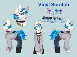 Size: 2732x2048 | Tagged: safe, alternate version, artist:blacksky1113, derpibooru import, vinyl scratch, pony, unicorn, icey-verse, alternate hairstyle, blue background, boots, bracelet, choker, clothes, commission, ear piercing, earring, eyebrow piercing, female, hoodie, horn, horn ring, implied lesbian, implied octavia, implied scratchtavia, implied shipping, jeans, jewelry, mare, pants, piercing, reference sheet, ring, shirt, shoes, simple background, solo, t-shirt, tattoo, torn clothes, wedding ring, wristband