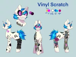 Size: 2732x2048 | Tagged: safe, alternate version, artist:blacksky1113, derpibooru import, vinyl scratch, pony, unicorn, icey-verse, alternate hairstyle, blue background, commission, ear piercing, earring, eyebrow piercing, female, glasses, horn, horn ring, implied lesbian, implied octavia, implied scratchtavia, implied shipping, jewelry, mare, piercing, reference sheet, ring, simple background, solo, tattoo, vinyl's glasses, wedding ring