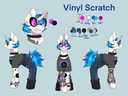 Size: 2732x2048 | Tagged: safe, alternate version, artist:blacksky1113, derpibooru import, vinyl scratch, pony, unicorn, icey-verse, alternate hairstyle, blue background, boots, bracelet, choker, clothes, commission, ear piercing, earring, eyebrow piercing, female, glasses, horn, horn ring, implied lesbian, implied octavia, implied scratchtavia, implied shipping, jeans, jewelry, mare, pants, piercing, reference sheet, ring, shirt, shoes, simple background, solo, t-shirt, tattoo, torn clothes, vinyl's glasses, wedding ring, wristband