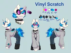 Size: 2732x2048 | Tagged: safe, alternate version, artist:blacksky1113, derpibooru import, vinyl scratch, pony, unicorn, icey-verse, alternate hairstyle, blue background, boots, bracelet, choker, clothes, commission, ear piercing, earring, eyebrow piercing, female, glasses, horn, horn ring, implied lesbian, implied octavia, implied scratchtavia, implied shipping, jeans, jewelry, mare, pants, piercing, reference sheet, ring, shirt, shoes, simple background, solo, t-shirt, tattoo, torn clothes, vinyl's glasses, wedding ring, wristband
