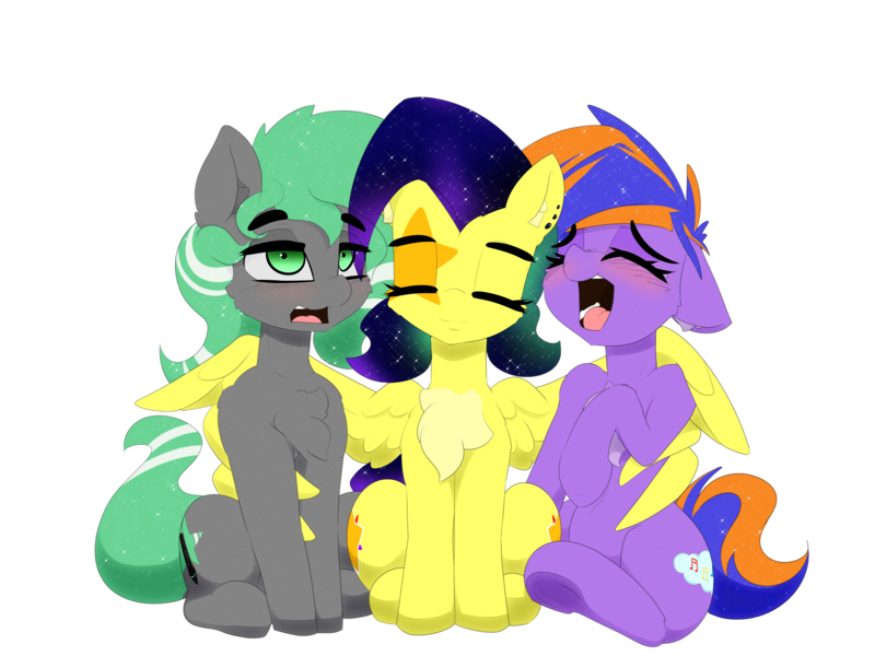 Size: 4444x3333 | Tagged: safe, artist:n0nnny, derpibooru import, oc, oc:electric aura, oc:minty strip, oc:mixi creamstar, unofficial characters only, pegasus, pony, 2020 community collab, derpibooru community collaboration, awkward, behaving like a bird, belly button, blushing, chest fluff, ear fluff, ethereal mane, eyes closed, female, galaxy, galaxy mane, group photo, laughing, open mouth, pegasus oc, piercing, screaming, simple background, spread wings, tongue out, transparent background, underhoof, wings