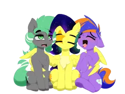 Size: 4444x3333 | Tagged: safe, artist:n0nnny, derpibooru import, oc, oc:electric aura, oc:minty strip, oc:mixi creamstar, unofficial characters only, pegasus, pony, 2020 community collab, derpibooru community collaboration, awkward, behaving like a bird, belly button, blushing, chest fluff, ear fluff, ethereal mane, eyes closed, female, galaxy, galaxy mane, group photo, laughing, open mouth, pegasus oc, piercing, screaming, simple background, spread wings, tongue out, transparent background, underhoof, wings