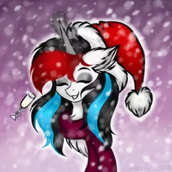 Size: 1985x1985 | Tagged: safe, artist:darklight1315, derpibooru import, oc, oc:darklight kvass, unofficial characters only, pony, unicorn, bust, christmas, clothes, eyes closed, glass, glowing horn, hat, holiday, horn, magic, new year, santa hat, scarf, smiling, snow, solo, telekinesis, wine glass