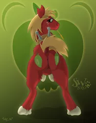 Size: 943x1200 | Tagged: suggestive, artist:meerkatisland, derpibooru import, big macintosh, earth pony, pony, big backintosh, both cutie marks, butt, cutie mark background, dock, human ass on pony, looking at you, looking back, looking back at you, male, plot, solo, solo male, stallion, straw in mouth