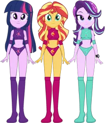 Size: 1306x1523 | Tagged: suggestive, artist:invisibleink, artist:marcusvanngriffin, deleted from derpibooru, derpibooru import, edit, starlight glimmer, sunset shimmer, twilight sparkle, equestria girls, mirror magic, spoiler:eqg specials, beanie, belly button, boots, clothes, cutie mark, elbow pads, female, group, hat, knee pads, looking at you, midriff, shoes, simple background, sports, sports bra, sports panties, transparent background, vector, watch, wrestler, wrestling