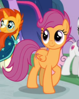 Size: 301x378 | Tagged: safe, derpibooru import, screencap, scootaloo, sunburst, sweetie belle, pegasus, pony, unicorn, the last problem, cropped, cute, cutealoo, female, glasses, male, mare, offscreen character, older, older scootaloo, older sunburst, raised hoof, smiling, solo focus, stallion