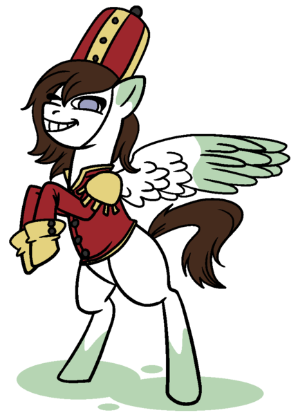 Size: 808x1124 | Tagged: safe, artist:dragonflyfire8, artist:ponebox, derpibooru import, oc, unofficial characters only, pegasus, pony, clothes, collaboration, grin, hat, pegasus oc, rearing, simple background, smiling, solo, transparent background, wings