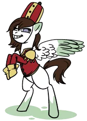 Size: 808x1124 | Tagged: safe, artist:dragonflyfire8, artist:ponebox, derpibooru import, oc, unofficial characters only, pegasus, pony, clothes, collaboration, grin, hat, pegasus oc, rearing, simple background, smiling, solo, transparent background, wings