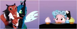 Size: 1442x549 | Tagged: artist needed, source needed, useless source url, safe, derpibooru import, cozy glow, lord tirek, queen chrysalis, centaur, changeling, changeling queen, pegasus, pony, 3d, bracer, cookie, cozybetes, cozybuse, crown, cupcake, cute, cutealis, dessert, female, filly, foal, food, jewelry, male, nose piercing, nose ring, piercing, pointing, regalia, sfm ponyville, tirek yelling at cozy glow, trio, woman yelling at a cat