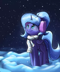 Size: 2500x3000 | Tagged: safe, artist:rocket-lawnchair, derpibooru import, princess luna, alicorn, pony, clothes, cute, earmuffs, female, filly, lunabetes, scarf, snow, solo, woona, younger