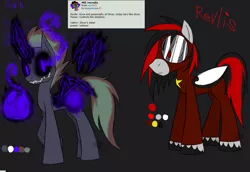 Size: 1285x885 | Tagged: safe, artist:didun850, derpibooru import, oc, oc:valkyr, unofficial characters only, pony, unicorn, artificial wings, augmented, black sclera, clothes, dark background, glowing horn, goggles, grin, horn, magic, magic wings, ov:revlis, possessed, sharp teeth, smiling, sombra eyes, teeth, telekinesis, unicorn oc, unshorn fetlocks, wings