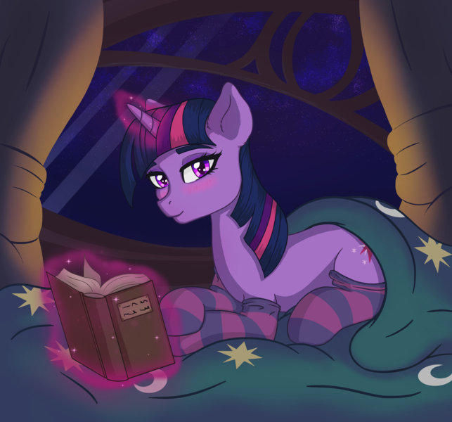 Size: 1600x1494 | Tagged: safe, artist:nathayro37, derpibooru import, twilight sparkle, pony, unicorn, bed, blushing, book, clothes, female, glowing horn, horn, magic, mare, socks, solo, striped socks, telekinesis, unicorn twilight