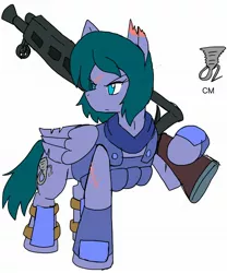 Size: 1700x2048 | Tagged: safe, artist:omegapony16, derpibooru import, oc, oc:oriponi, unofficial characters only, pegasus, pony, armor, clothes, female, frown, glare, gun, hoof hold, looking back, mare, no pupils, pegasus oc, raised hoof, rifle, scar, scarf, serious, serious face, simple background, soldier, solo, torn ear, vest, weapon, white background, wings