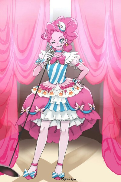 Size: 944x1415 | Tagged: safe, artist:puri__kyua, derpibooru import, pinkie pie, equestria girls, anime, clothes, dress, female, gala dress, looking at you, microphone, one eye closed, solo, wink