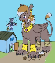 Size: 1790x2048 | Tagged: safe, artist:omegapony16, derpibooru import, oc, oc:oriponi, unofficial characters only, bat pony, pony, sphinx, armor, bag, bandage, bat pony oc, bat wings, blushing, cart, clothes, ear piercing, earring, feeding, flying, hoof hold, jewelry, macro, music notes, necklace, open mouth, piercing, shocked, sphinx oc, vest, whistling, wings