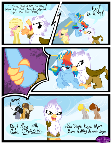 Size: 3500x4500 | Tagged: safe, artist:becauseimpink, derpibooru import, dumbbell, fluttershy, gilda, hoops, quarterback, rainbow dash, gryphon, pegasus, pony, comic:transition, angry, butterscotch, colt, comic, dialogue, dumb belle, female, filly, filly fluttershy, filly rainbow dash, guilder, male, rule 63, transgender, yelling, younger