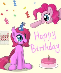 Size: 1000x1200 | Tagged: safe, artist:15.1.14, derpibooru import, pinkie pie, oc, oc:cheery bell, bat pony, earth pony, pony, bat pony oc, bat wings, birthday, birthday cake, cake, food, wings