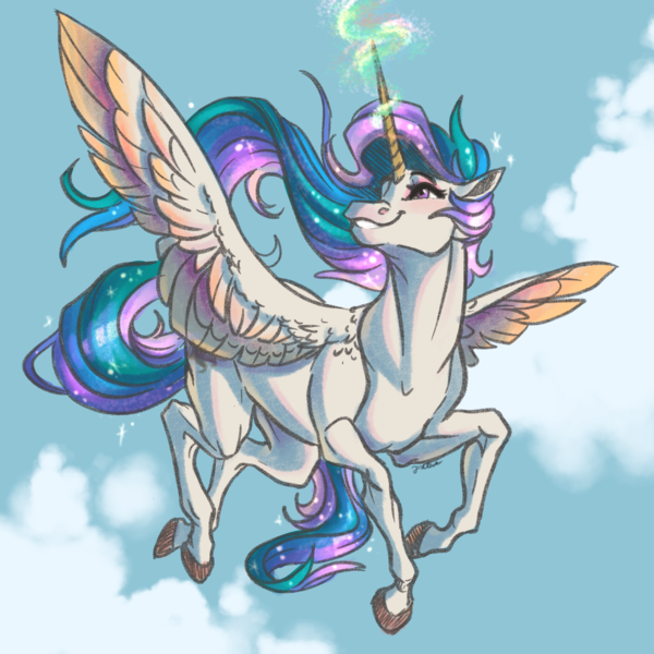 Size: 6000x6000 | Tagged: safe, artist:faline-art, derpibooru import, princess celestia, alicorn, pony, absurd resolution, colored wings, female, flying, glowing horn, hoers, horn, mare, multicolored wings, realistic horse legs, signature, sky, smiling, solo, wings