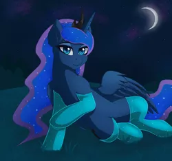 Size: 1600x1499 | Tagged: safe, artist:nathayro37, derpibooru import, princess luna, pony, clothes, crescent moon, grass, long socks, looking at you, moon, night, smiling, socks, solo, stars