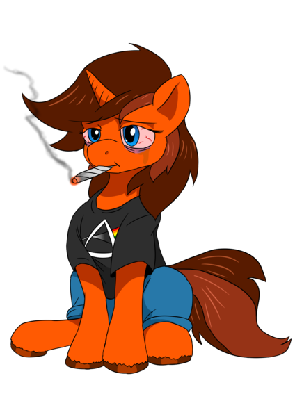 Size: 2480x3507 | Tagged: safe, artist:mcsplosion, derpibooru import, oc, oc:painterly flair, pony, bags under eyes, bloodshot eyes, clothes, depressed, drugs, female, jeans, marijuana, pants, pink floyd, simple background, sitting, smoking, solo, stoner, teary eyes, the dark side of the moon, transparent background