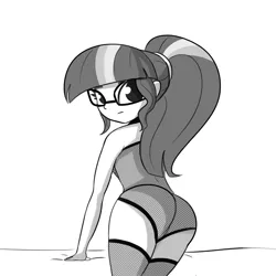 Size: 2250x2250 | Tagged: suggestive, artist:tjpones, derpibooru import, part of a set, sci-twi, twilight sparkle, equestria girls, ass, breasts, butt, clothes, female, fishnet pantyhose, fishnets, glasses, looking at you, looking back, looking back at you, looking over shoulder, monochrome, ponytail, sideboob, simple background, socks, stockings, thigh highs, white background