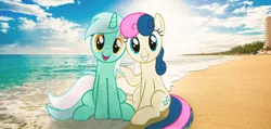 Size: 1296x617 | Tagged: safe, artist:indonesiarailroadpht, derpibooru import, bon bon, lyra heartstrings, sweetie drops, earth pony, pony, unicorn, beach, female, lesbian, lyrabon, shipping