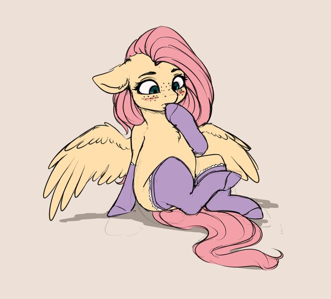 Size: 2616x2365 | Tagged: artist:miokomata, blushing, chest fluff, clothes, cute, derpibooru import, female, floppy ears, fluttershy, freckles, mare, pegasus, safe, semi-anthro, sexy, shyabetes, simple background, socks