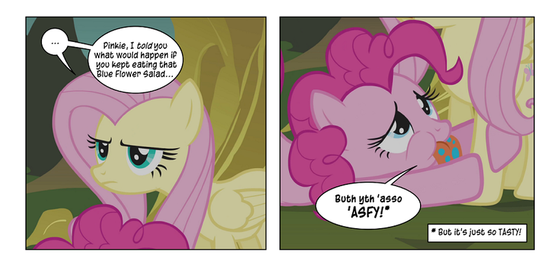 Size: 868x416 | Tagged: safe, artist:dziadek1990, derpibooru import, edit, edited screencap, screencap, fluttershy, pinkie pie, earth pony, pegasus, pony, bridle gossip, annoyed, comic, conversation, dialogue, female, flutterguy, food, mare, poison joke, sad, salad, screencap comic, slice of life, spitty pie, text, tongue out, translation, unamused