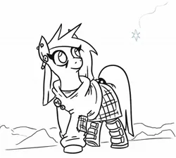 Size: 1094x986 | Tagged: safe, artist:jargon scott, derpibooru import, oc, oc:nada phase, unofficial characters only, earth pony, pony, black and white, clothes, ear piercing, earring, female, goth, grayscale, jewelry, lineart, mare, monochrome, piercing, safety pin, simple background, snow, snowflake, sweater, white background