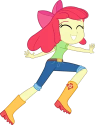 Size: 779x1026 | Tagged: dead source, safe, artist:steyrrdash, banned from derpibooru, deleted from derpibooru, derpibooru import, apple bloom, equestria girls, equestria girls series, holidays unwrapped, spoiler:eqg series (season 2), boots, bow, eyes closed, female, grin, image, png, shoes, simple background, smiling, solo, transparent background, vector