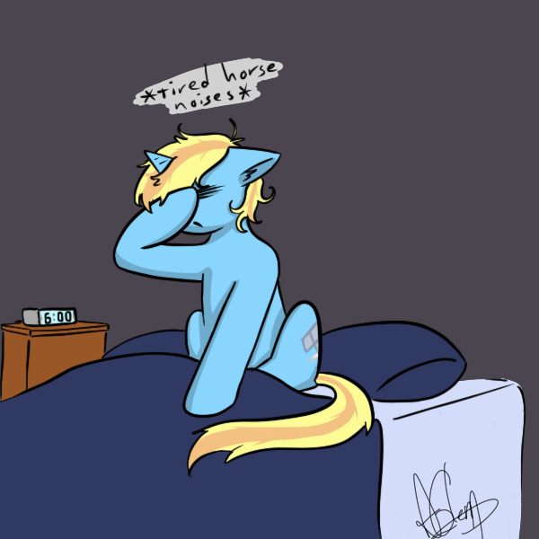 Size: 600x600 | Tagged: safe, artist:skydreams, derpibooru import, oc, oc:skydreams, unofficial characters only, pony, unicorn, bed, bed mane, bedroom, descriptive noise, female, horse noises, mare, sleepy