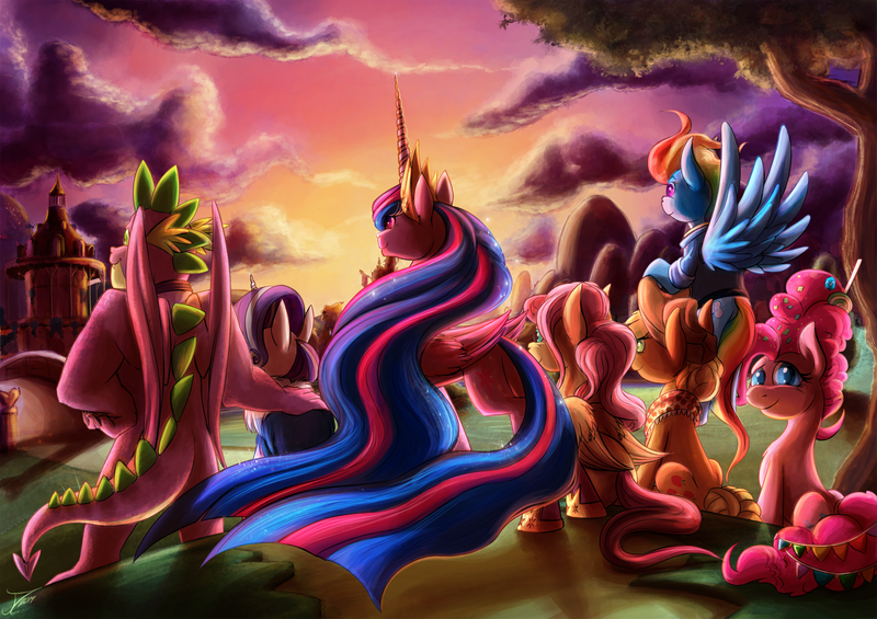 Size: 1500x1060 | Tagged: safe, artist:jamescorck, derpibooru import, applejack, fluttershy, pinkie pie, princess twilight 2.0, rainbow dash, rarity, spike, twilight sparkle, twilight sparkle (alicorn), alicorn, dragon, earth pony, pegasus, pony, unicorn, the last problem, end of ponies, gigachad spike, looking at you, mane seven, mane six, older, older applejack, older fluttershy, older mane seven, older mane six, older pinkie pie, older rainbow dash, older rarity, older spike, older twilight, rear view, winged spike