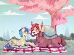Size: 4000x3000 | Tagged: source needed, safe, artist:djkaskan, derpibooru import, sandbar, yona, earth pony, pony, yak, blushing, bow, cloven hooves, cute, date, eye contact, female, floral head wreath, flower, hair bow, holding hooves, interspecies, looking at each other, male, monkey swings, picnic blanket, prone, sandabetes, shipping, straight, tree, yonabar, yonadorable