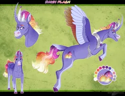 Size: 1294x997 | Tagged: safe, artist:bijutsuyoukai, derpibooru import, oc, oc:dawn flash, alicorn, pony, colored wings, magical lesbian spawn, male, multicolored wings, offspring, parent:rainbow dash, parent:twilight sparkle, parents:twidash, reference sheet, solo, stallion, wings