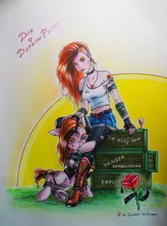 Size: 723x981 | Tagged: safe, artist:olgfox, derpibooru import, human, pony, alcohol, clothes, female, flower, makeup, mare, rose, russia, sitting, sun, tattoo, traditional art, wine